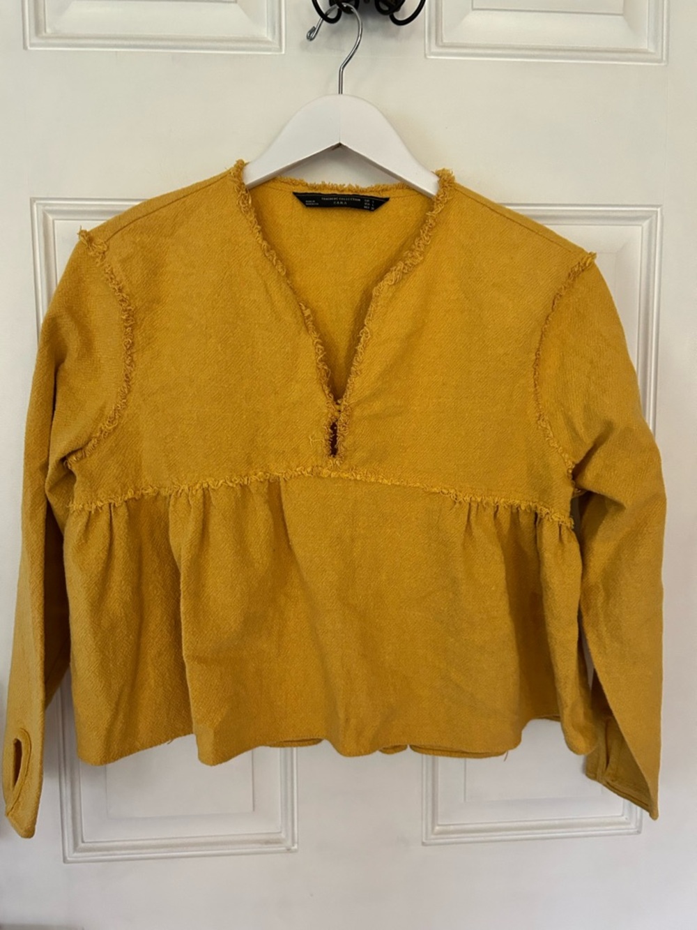 Zara Mustard Textured Peplum Long Sleeve Top with Frayed V-Neck